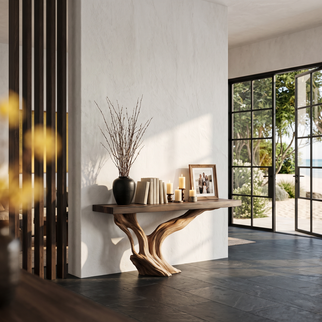 Organic Wall Mounted Console Table With Sculptural Wood Base For Hallway - view 3 of 8