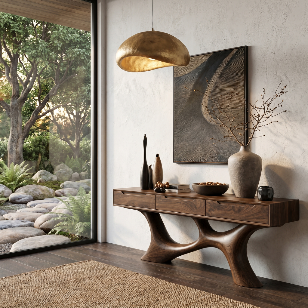 Modern Console Table With Built In Storage Cabinet And Sculptural Curved Wood Base For Entryway And Living Room - view 3 of 8