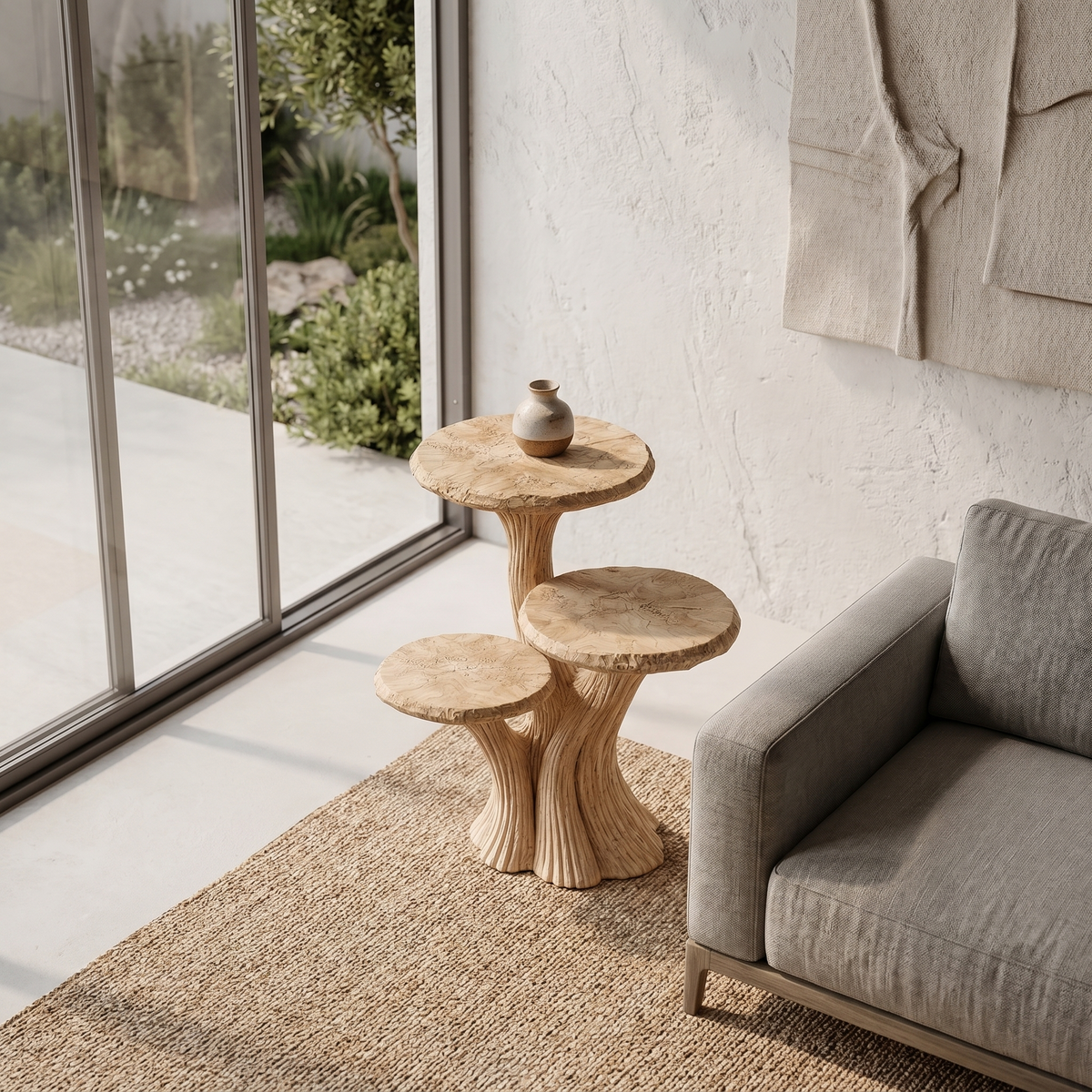 Contemporary Tiered Side Table With Sculptural Solid Wood Design For Living Room And Bedroom - view 2 of 8