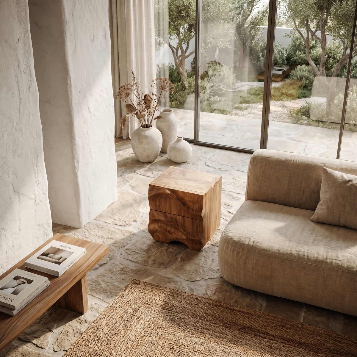 Rustic Sculptural Side Table With Hand Carved Solid Wood Base For Living Room And Bedroom - view 2 of 8