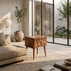 Mid Century Modern Side Table With Carved Wood Drawer And Open Shelf For Living Room And Bedroom - view 3 of 8