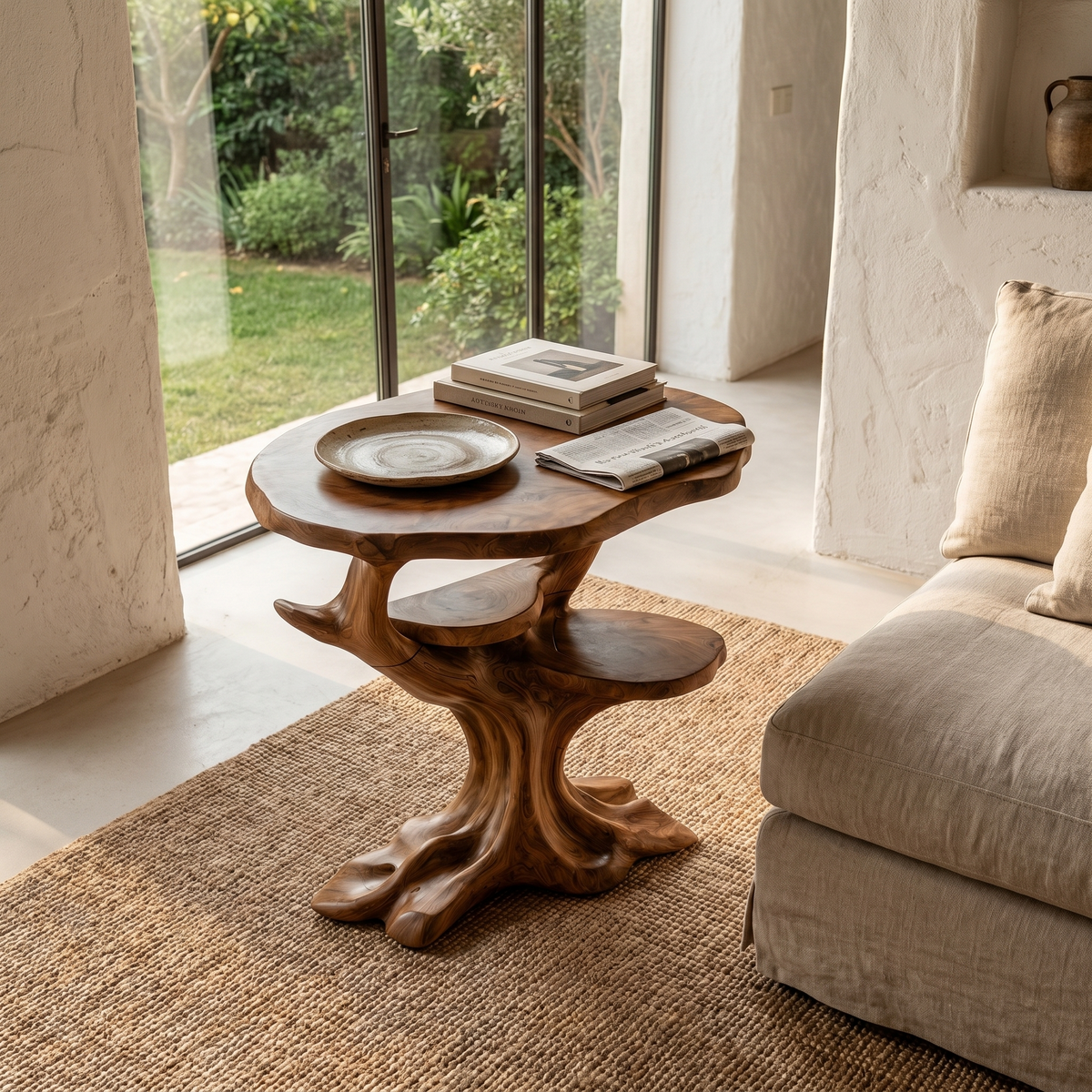 Organic Sculptural Side Table With Solid Wood Display Shelves For Living Room And Bedroom - view 2 of 8