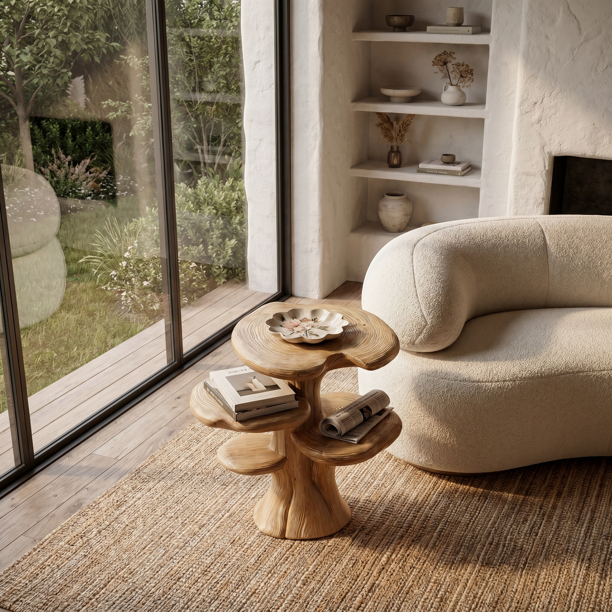 Organic Sculptural Beside Table With Tiered Solid Wood Shelves For Living Room - view 3 of 8