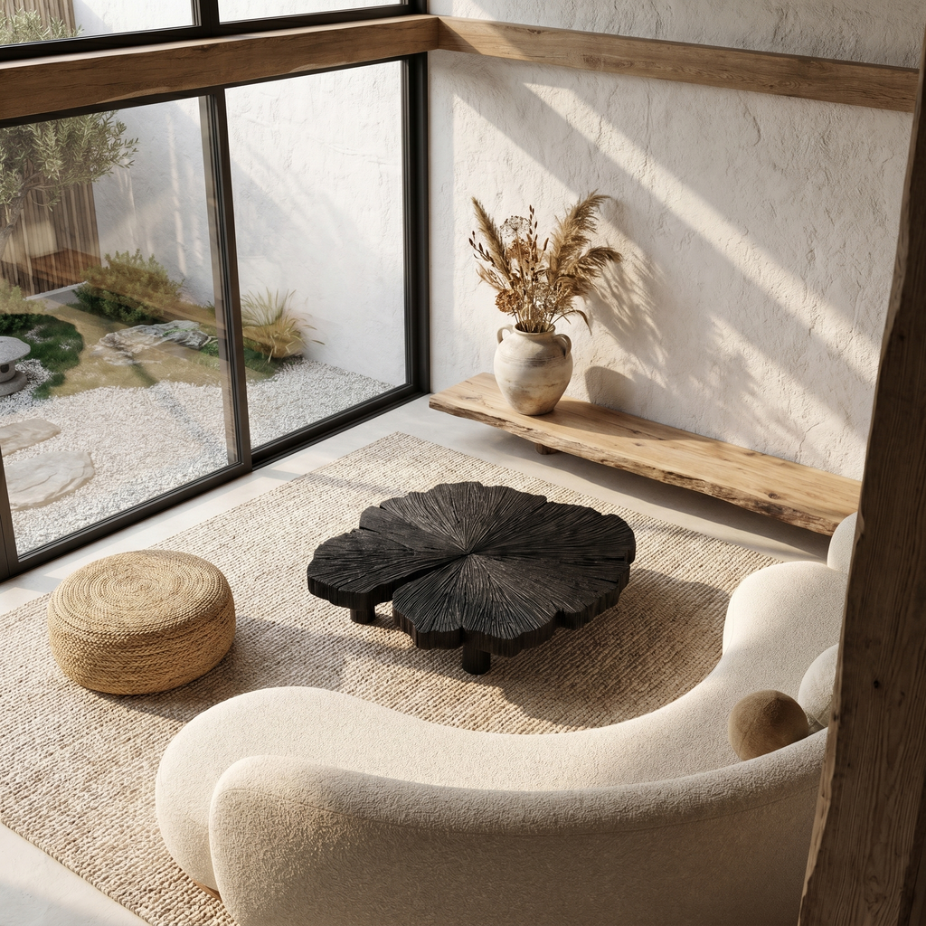 Rustic Coffee Table With Hand Carved Organic Wood Top And Chunky Pedestal Legs For Living Room - view 2 of 8