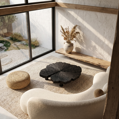 Rustic Coffee Table With Hand Carved Organic Wood Top And Chunky Pedestal Legs For Living Room - view 2 of 8
