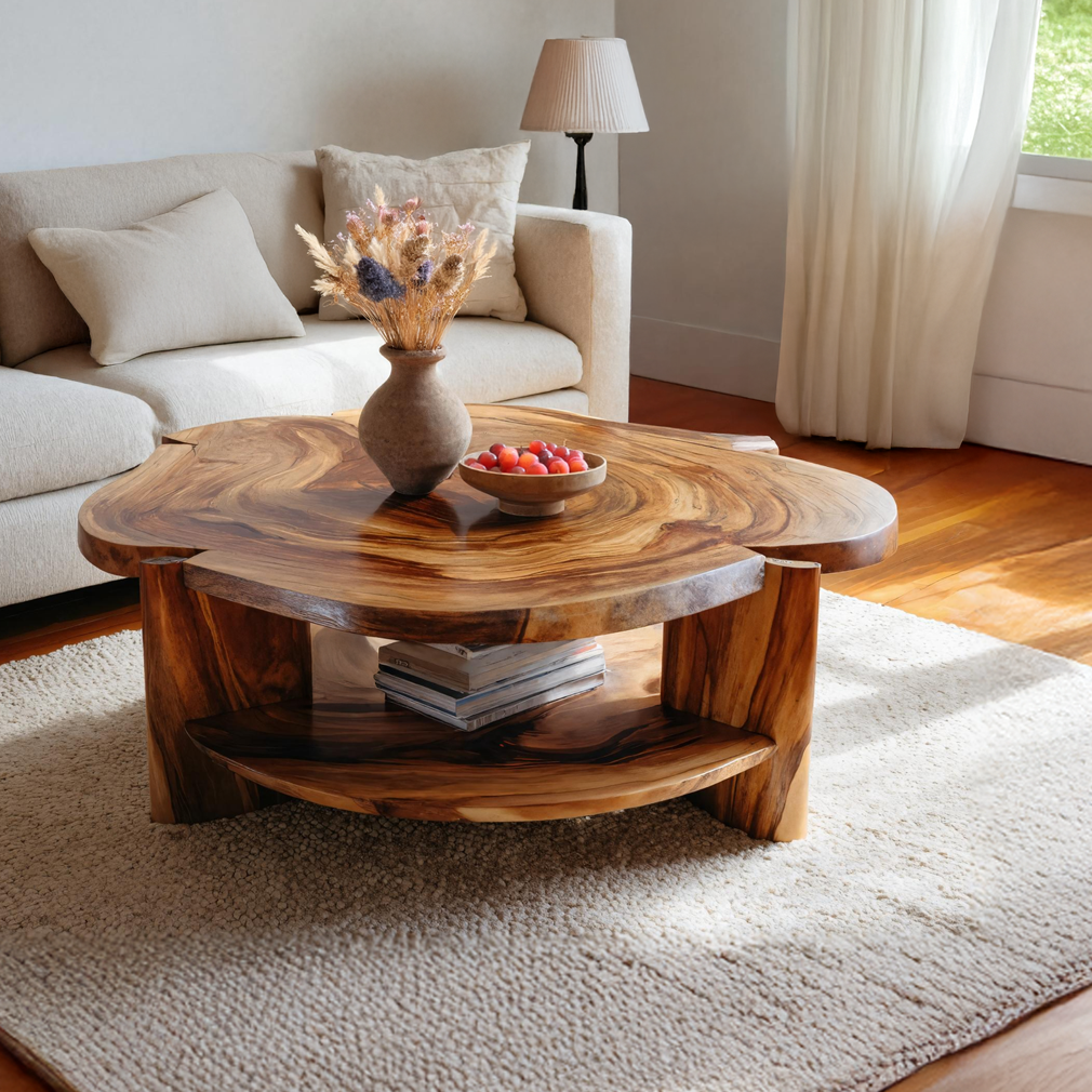 Live Edge Round Solid Wood Coffee Table Natural Wood Center Table with Shelf - view 1 of 7