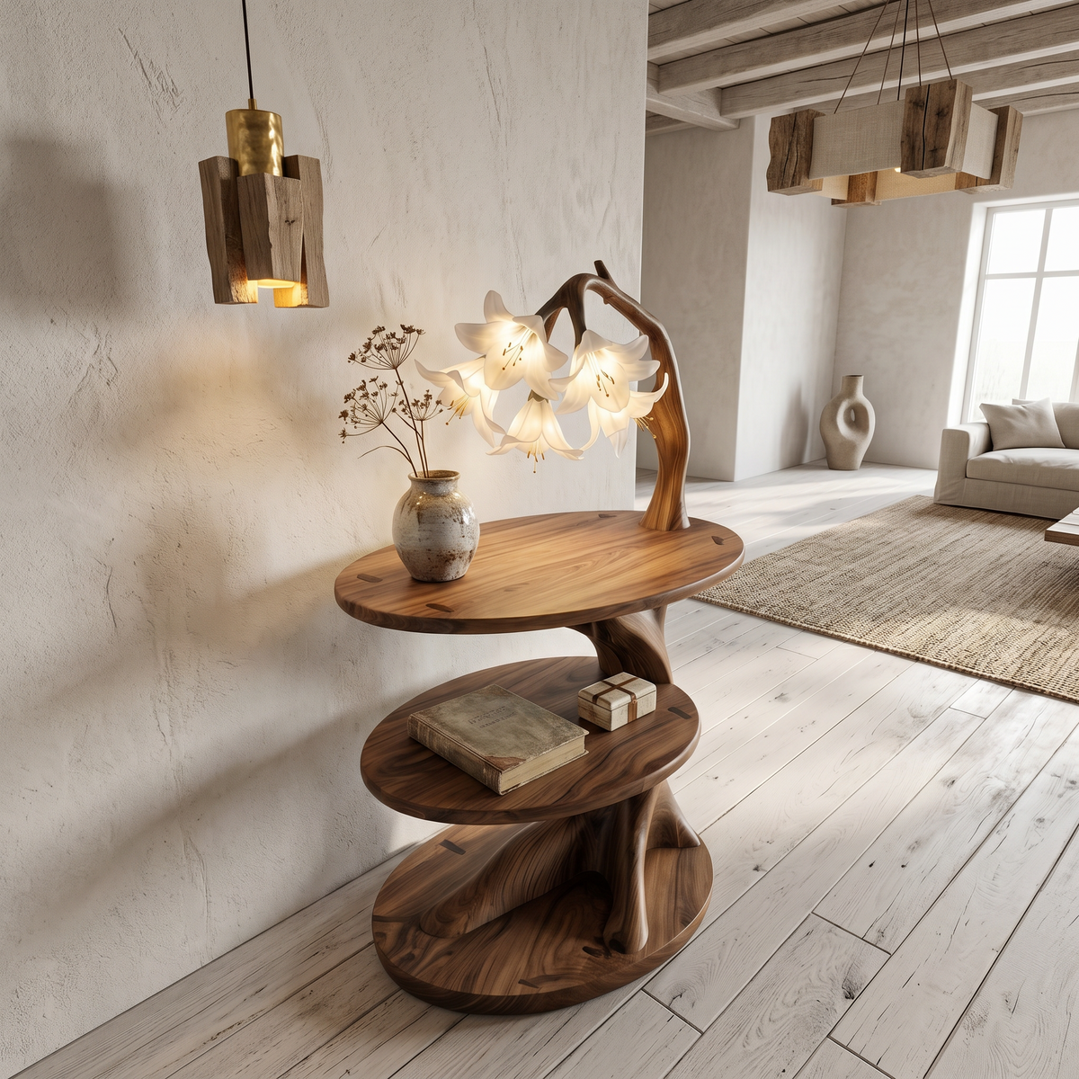 Rustic Side Table With Flower Shade Lamp For Bedroom And Living Room - view 2 of 8