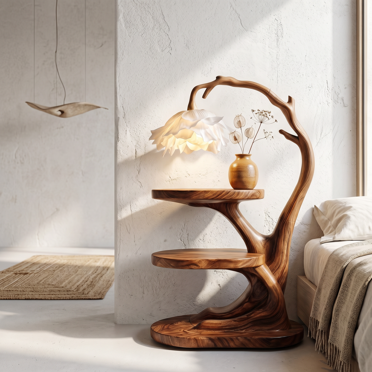Organic Bedside Table With Sculptural Flower Lamp For Bedroom And Reading Nook - view 3 of 8