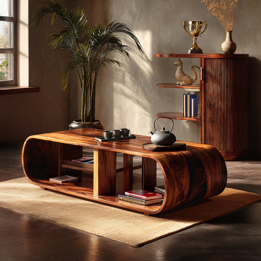 Curved Waterfall Coffee Table with Integrated Open Shelving - view 1 of 7