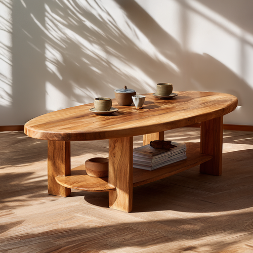 Oval Solid Wood Coffee Table with Open Shelf Storage - view 1 of 6