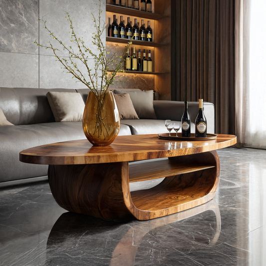 Organic Oval Coffee Table with Sculpted Loop Base and Shelf - view 1 of 7