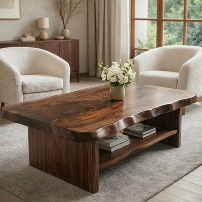 Solid Wood Coffee Table for Living Room with Live Edge Top and Storage Shelf - view 4 of 9