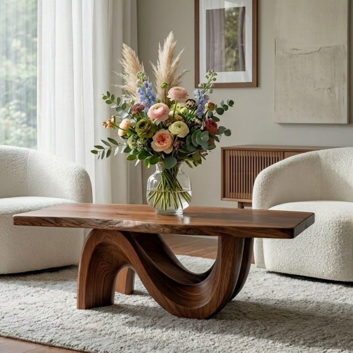 Solid Wood Coffee Table for Modern Living Room with Sculptural Curved Base - view 5 of 9