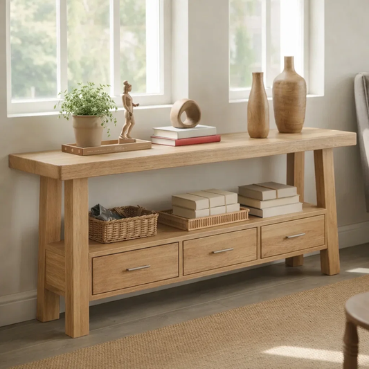 Solid Wood Console Table for Living Room with 3 Drawers and Open Shelf - view 1 of 9