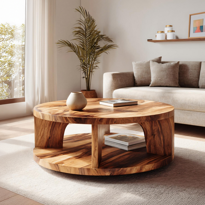 Round Solid Wood Coffee Table with Open Shelf Storage - view 2 of 7