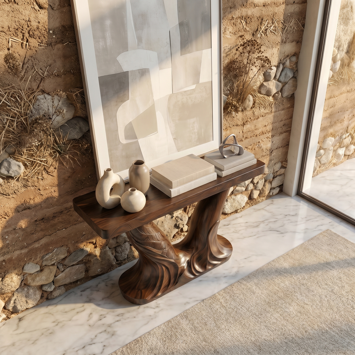 Organic Console Table With Sculptural Double Pedestal Base For Entryway - view 2 of 8