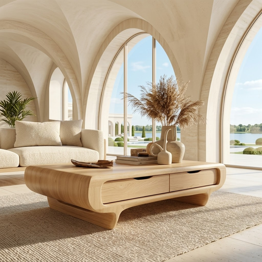 Modern Storage Coffee Table with Drawers, Rounded Minimalist Living Room Centerpiece - view 1 of 7