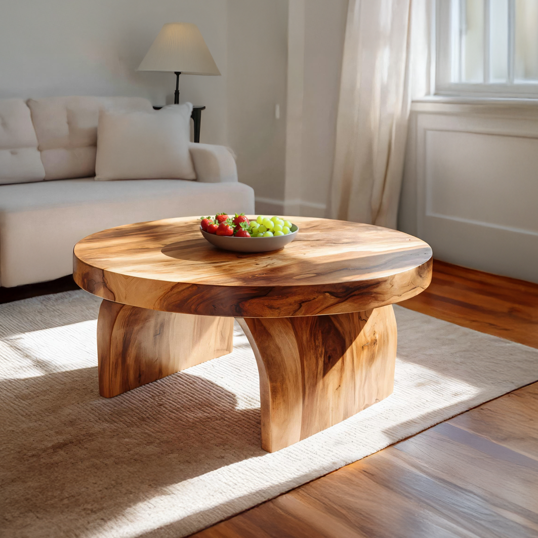 Round Solid Wood Coffee Table with Sculptural Block Base - view 1 of 7