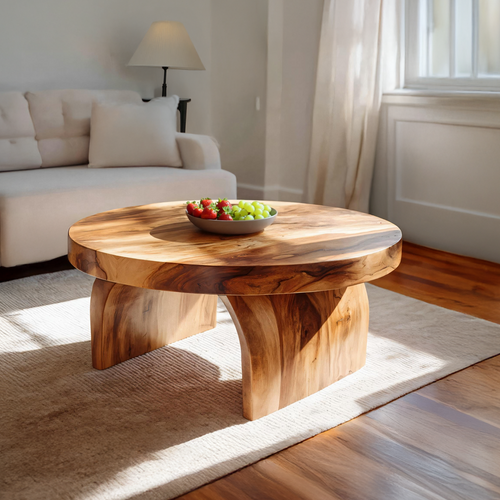 Round Solid Wood Coffee Table with Sculptural Block Base - view 1 of 7