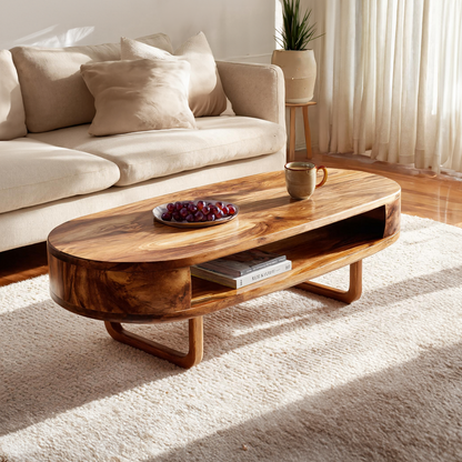 Solid Wood Oval Coffee Table with Shelf  Modern Natural Wood Living Room Table - view 1 of 6