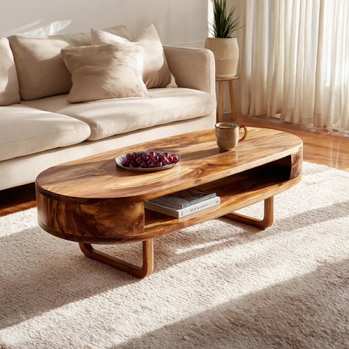 Solid Wood Oval Coffee Table with Shelf  Modern Natural Wood Living Room Table - view 1 of 6