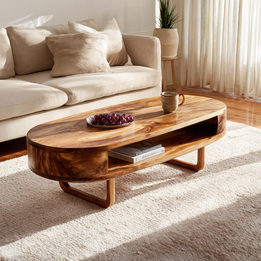 Solid Wood Oval Coffee Table with Shelf  Modern Natural Wood Living Room Table - view 1 of 6