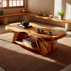 Live Edge Solid Wood Coffee Table Organic Shape Natural Wood Tea Table with Shelf - view 1 of 7