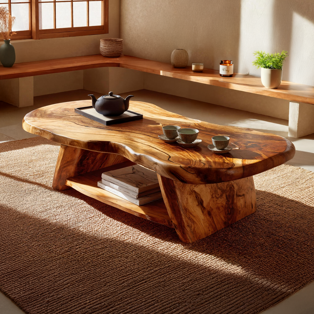 Live Edge Solid Wood Coffee Table Organic Shape Natural Wood Tea Table with Shelf - view 1 of 7