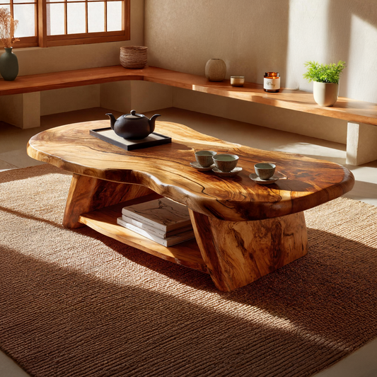 Live Edge Solid Wood Coffee Table Organic Shape Natural Wood Tea Table with Shelf - view 1 of 7