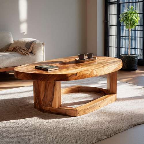 Solid Wood Oval Coffee Table handcrafted Natural Wood Living Room Table with Sculptural Base - view 1 of 7
