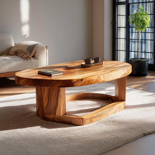 Solid Wood Oval Coffee Table handcrafted Natural Wood Living Room Table with Sculptural Base - view 1 of 7