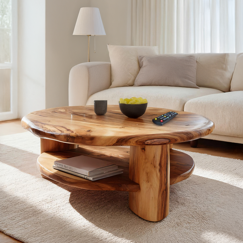 Round Solid Wood Coffee Table with Shelf Handcrafted Natural Wood Living Room Table - view 1 of 7
