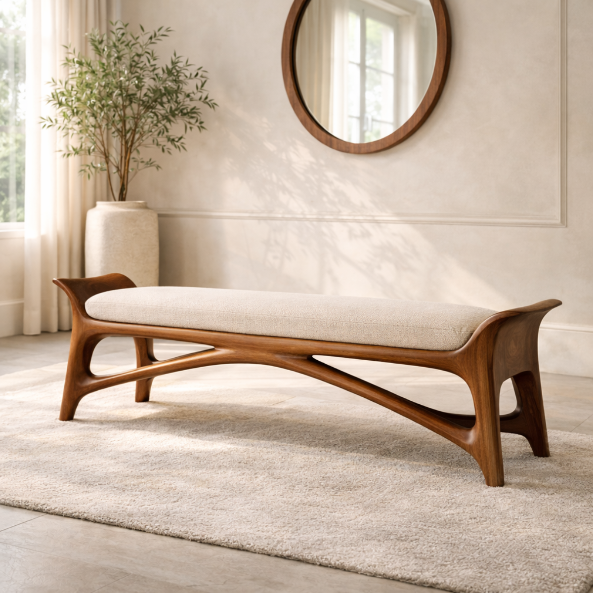 Modern Upholstered Entryway Bench, Luxury Sculptural Hallway Seat with Curved Frame - view 2 of 7