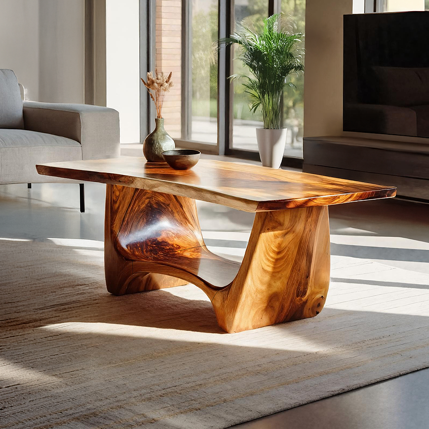 Sculptural Solid Wood Coffee Table with Flow Carved Base - view 1 of 7