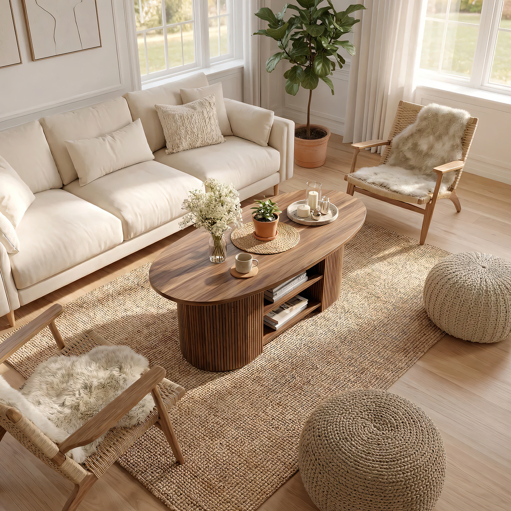 Oval Coffee Table with Fluted Base and Dual Shelf Storage - view 1 of 7