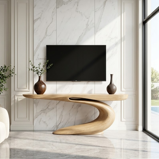 Solid Wood Console Table with Sculpted Curved Base, Modern Artistic Design - view 1 of 7