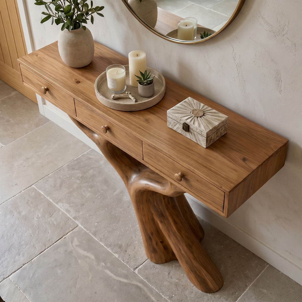 Organic Console Table With Built In Storage Cabinet And Sculptural Curved Wood Base For Entryway And Living Room - view 2 of 8