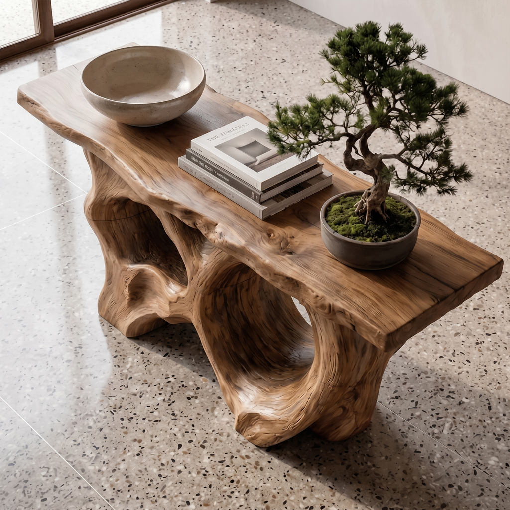 Modern Console Table With Sculptural Asymmetrical Wood Base  For Living Room - view 2 of 8