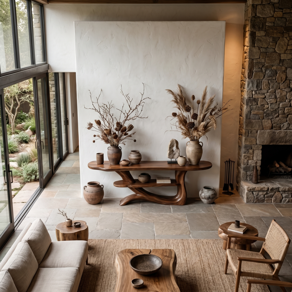 Rustic Console Table With Tree Inspired Solid Wood Base And Display Shelf - view 2 of 8