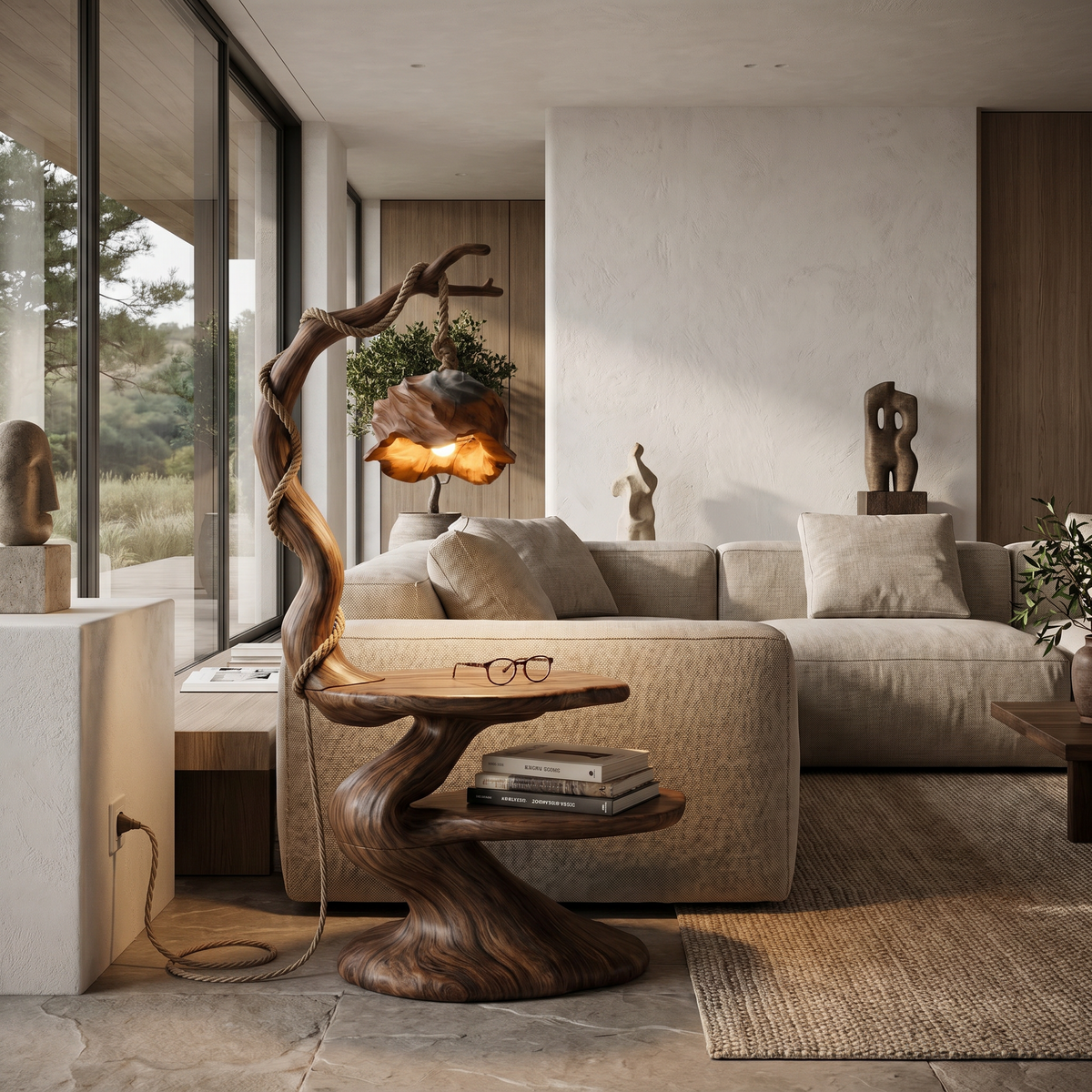 Rustic Beside Table With Tree Root Design And Hanging Lamp For Living Room - view 2 of 8