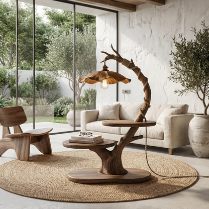 Sculptural Beside Table With Tree Branch Lamp And Open Storage Shelves For Living Room - view 3 of 8