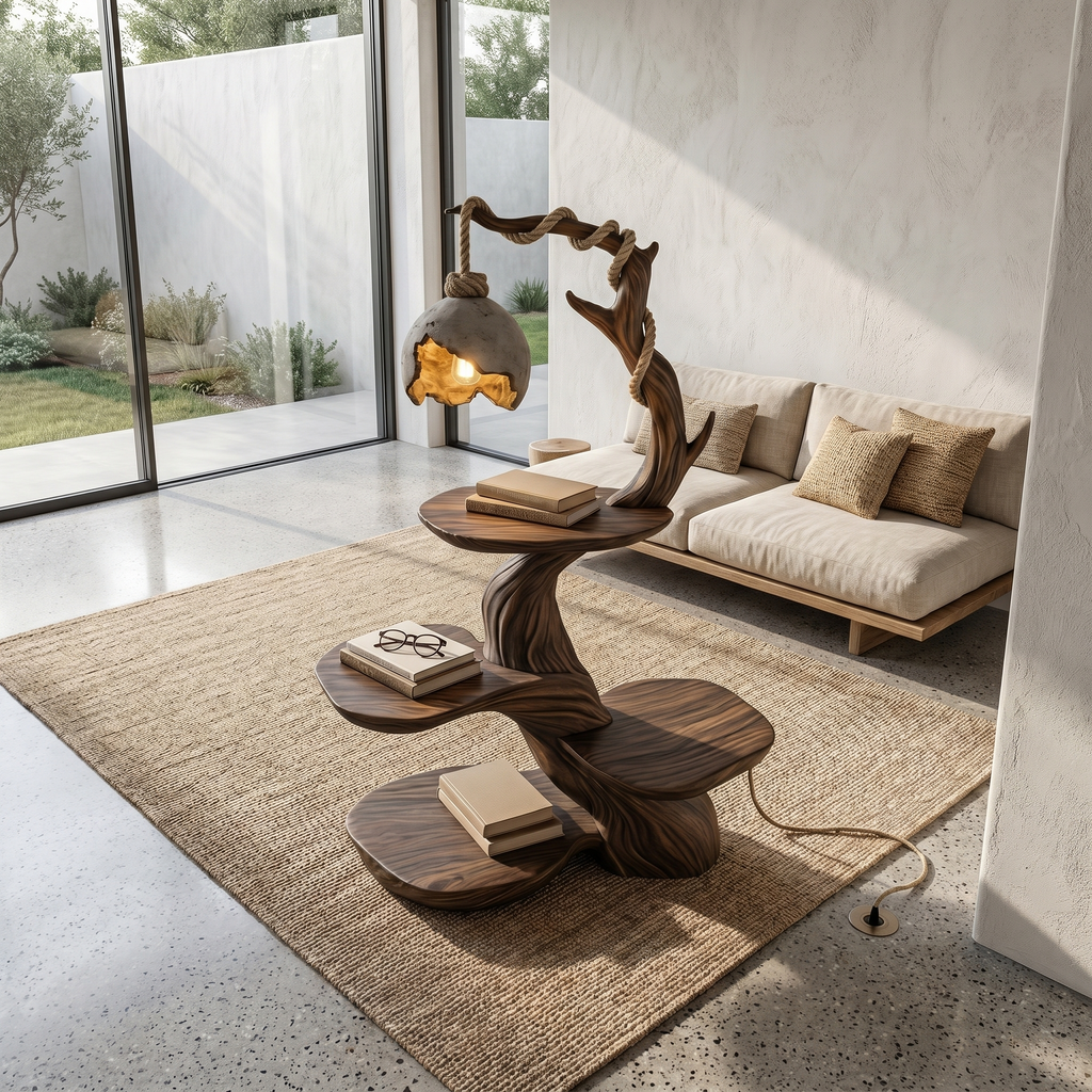 Nature Inspired Beside Table With Sculptural Tree Form And Ambient Lamp For Living Room - view 2 of 8