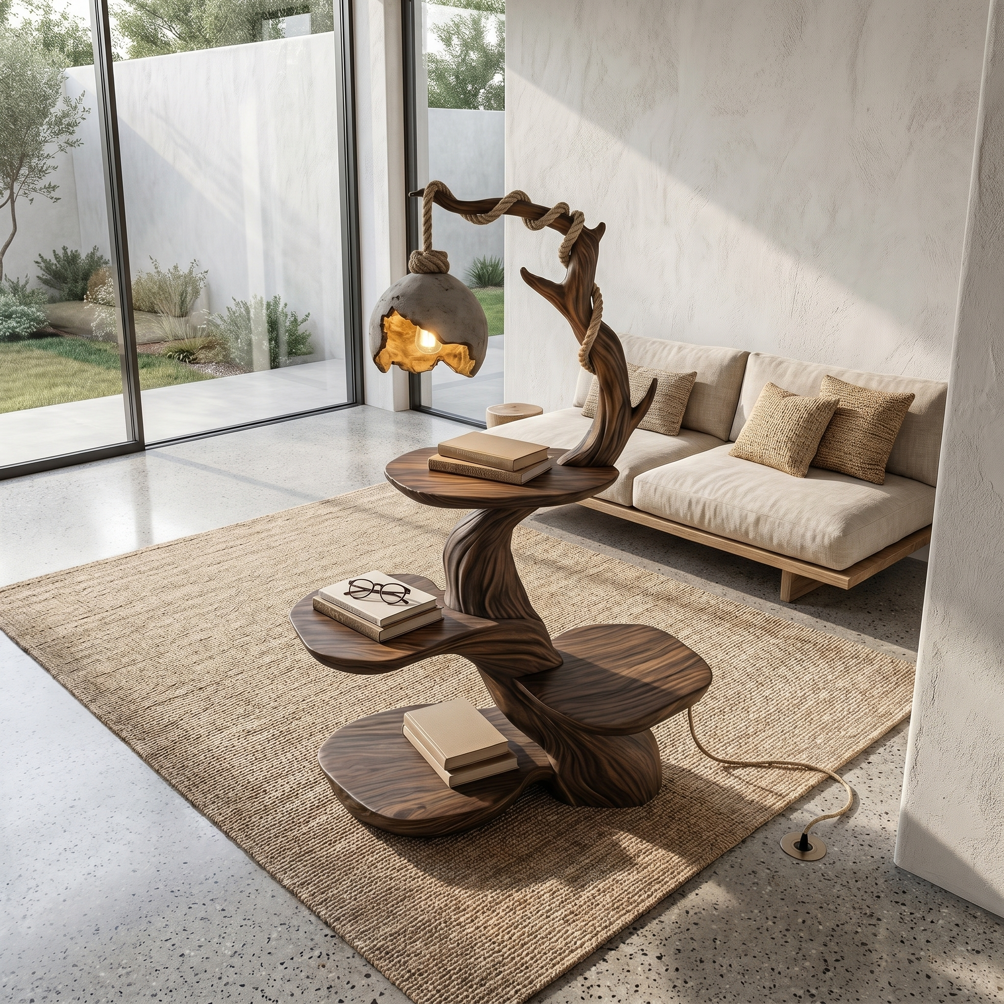 Nature Inspired Beside Table With Sculptural Tree Form And Ambient Lamp For Living Room - view 2 of 8