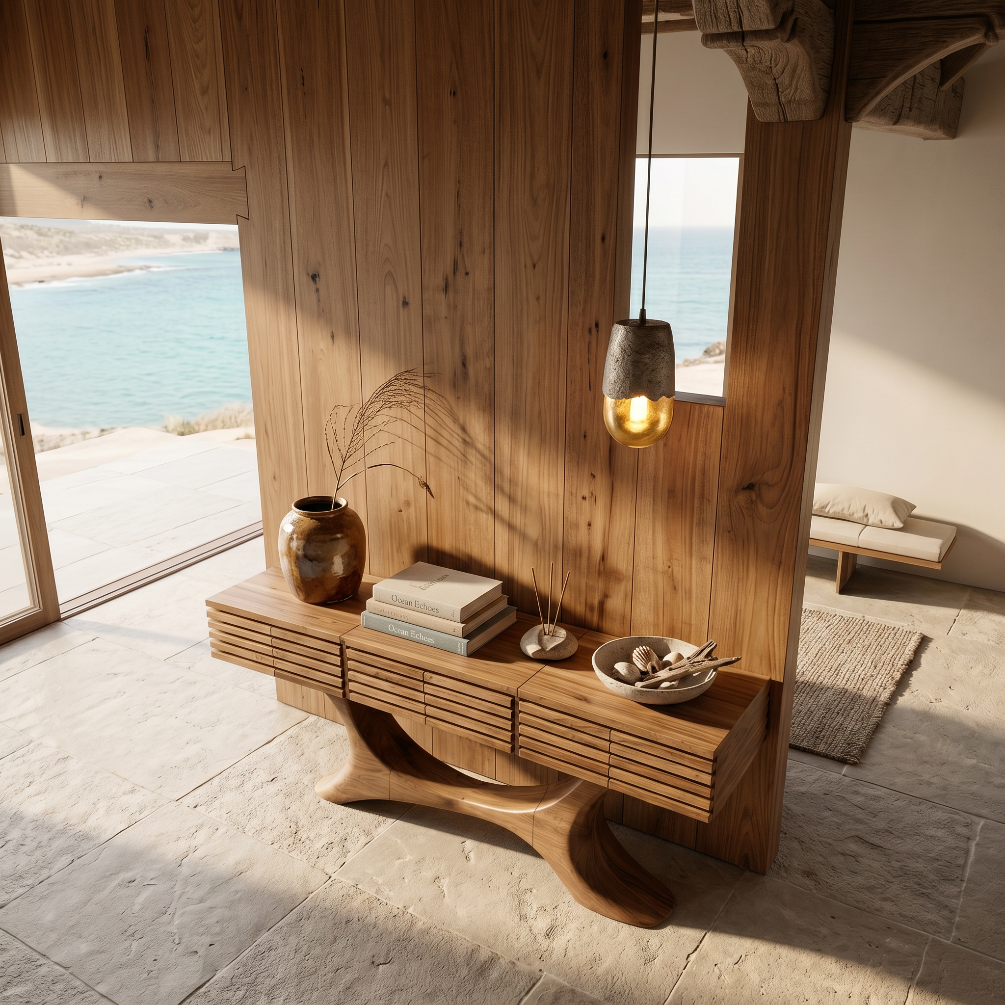 Contemporary Console Table With Curved Tree Trunk Base And Built In Storage Drawers For Living Room - view 2 of 8