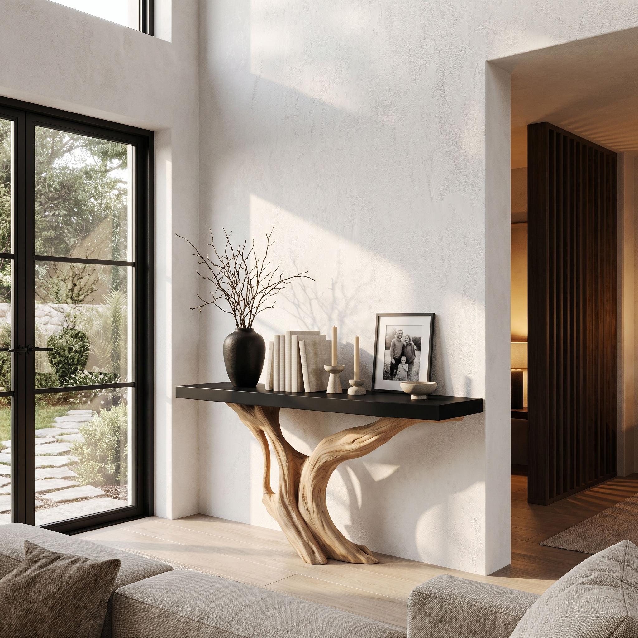 Organic Wall Mounted Console Table With Sculptural Wood Base For Hallway - view 2 of 8