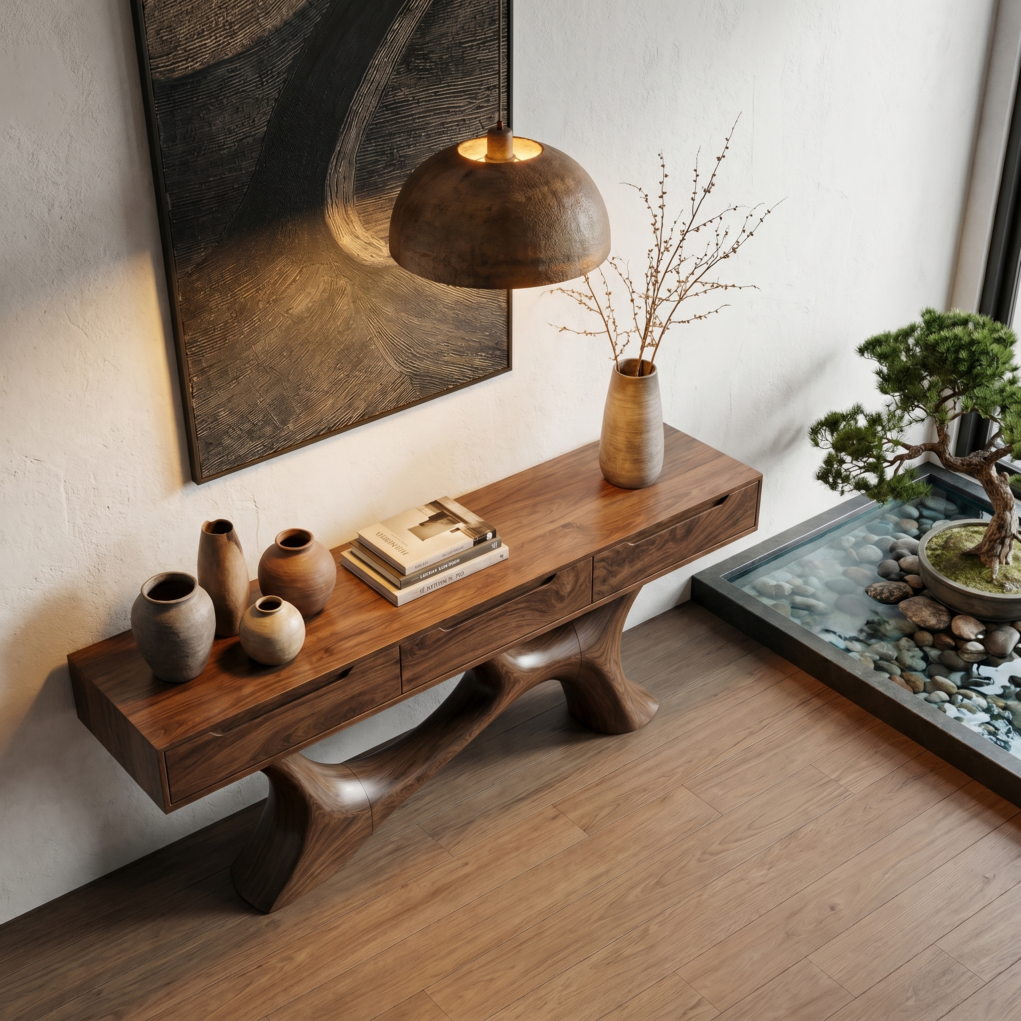 Modern Console Table With Built In Storage Cabinet And Sculptural Curved Wood Base For Entryway And Living Room - view 2 of 8