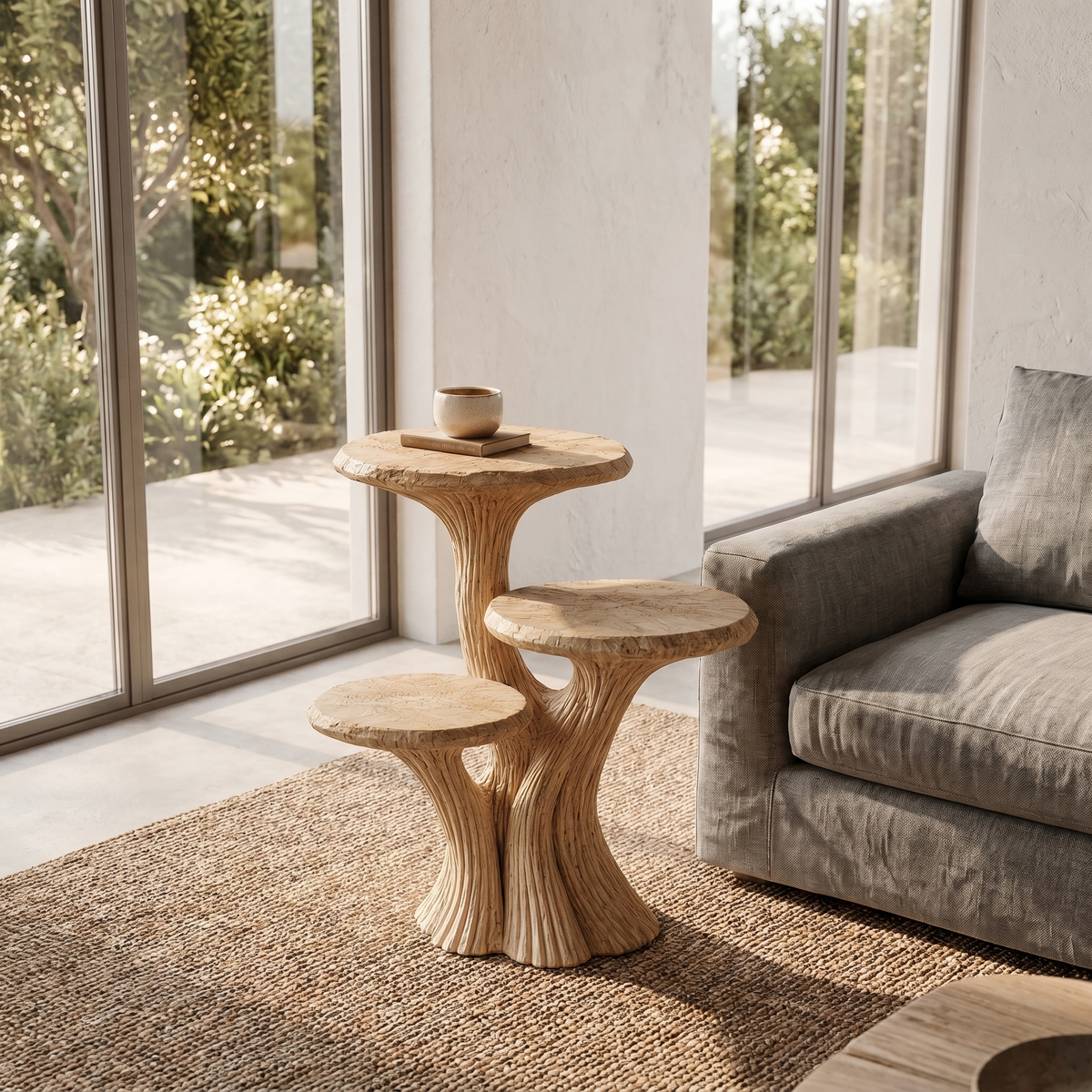 Contemporary Tiered Side Table With Sculptural Solid Wood Design For Living Room And Bedroom - view 3 of 8