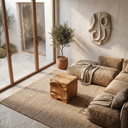 Rustic Sculptural Side Table With Hand Carved Solid Wood Base For Living Room And Bedroom - view 3 of 8