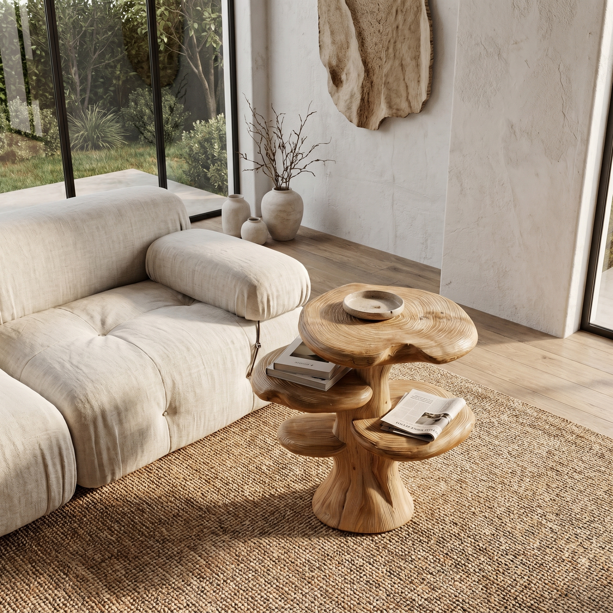 Organic Sculptural Beside Table With Tiered Solid Wood Shelves For Living Room - view 2 of 8