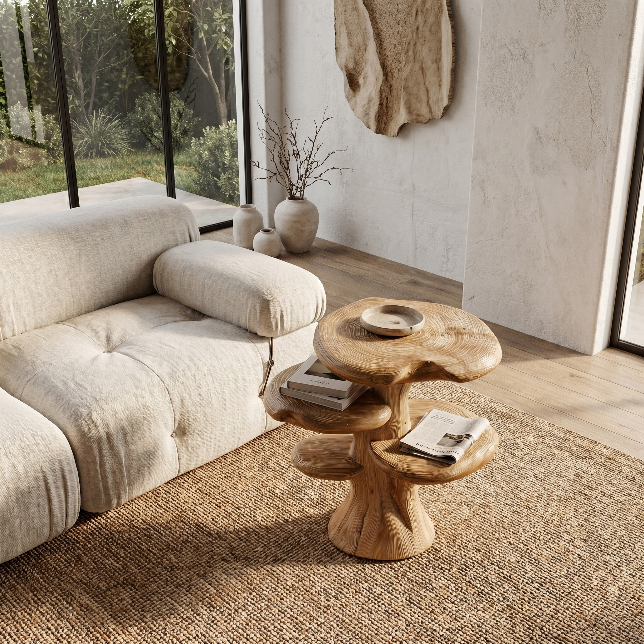Organic Sculptural Beside Table With Tiered Solid Wood Shelves For Living Room - view 2 of 8